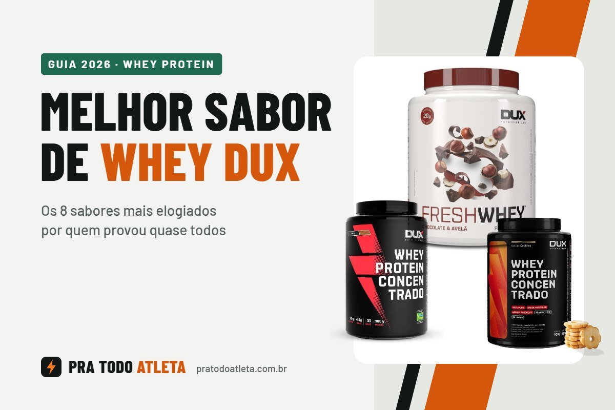 Capa do guia do melhor sabor de whey Dux com os potes do FreshWhey Chocolate e Avelã, Cookies e Butter Cookies