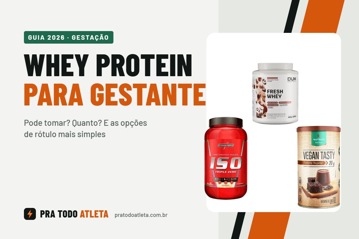 Capa do guia de whey protein para gestante com os potes do FreshWhey Dux, Iso Triple Zero e Vegan Tasty