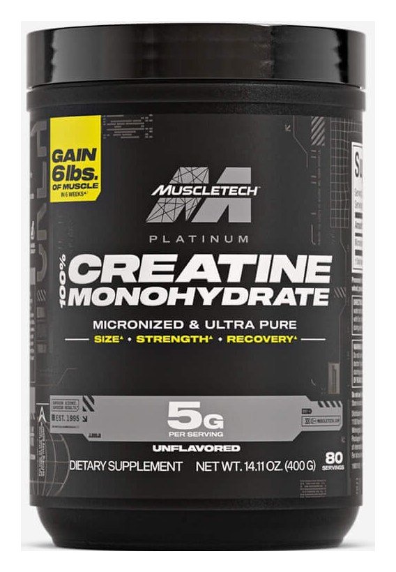 Melhor creatina importada: pote de 400 g da Platinum 100% Creatine da MuscleTech, sem sabor