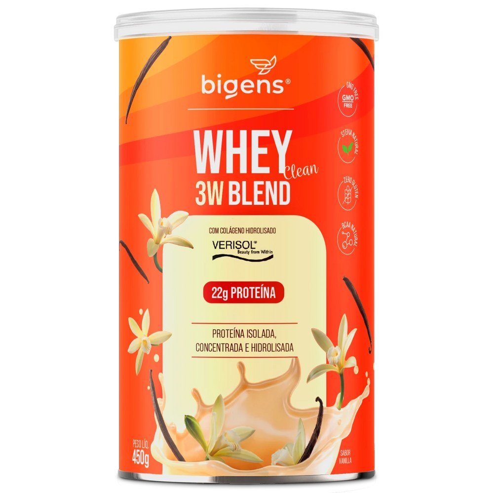 Pote de 450 g do Whey 3W Blend Clean com colágeno Verisol, da Bigens