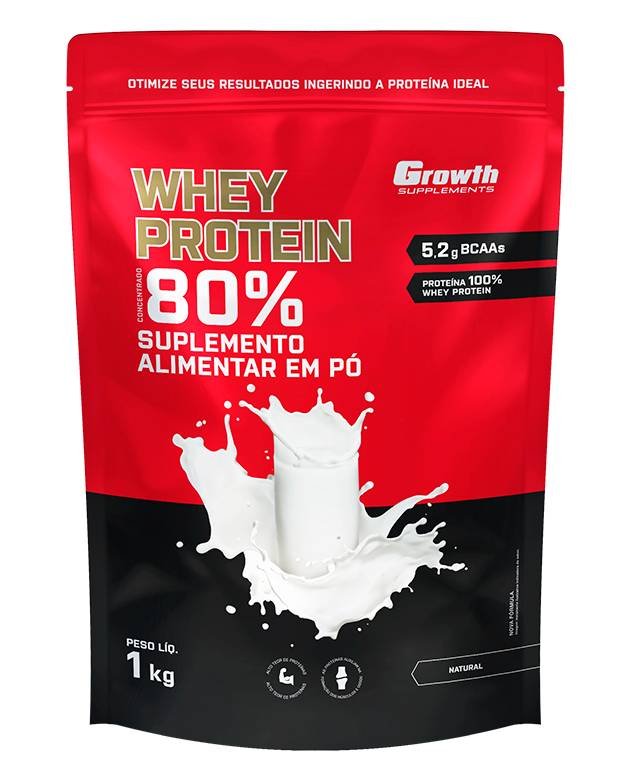 Pacote de 1 kg do whey protein concentrado da Growth Supplements, sabor Natural