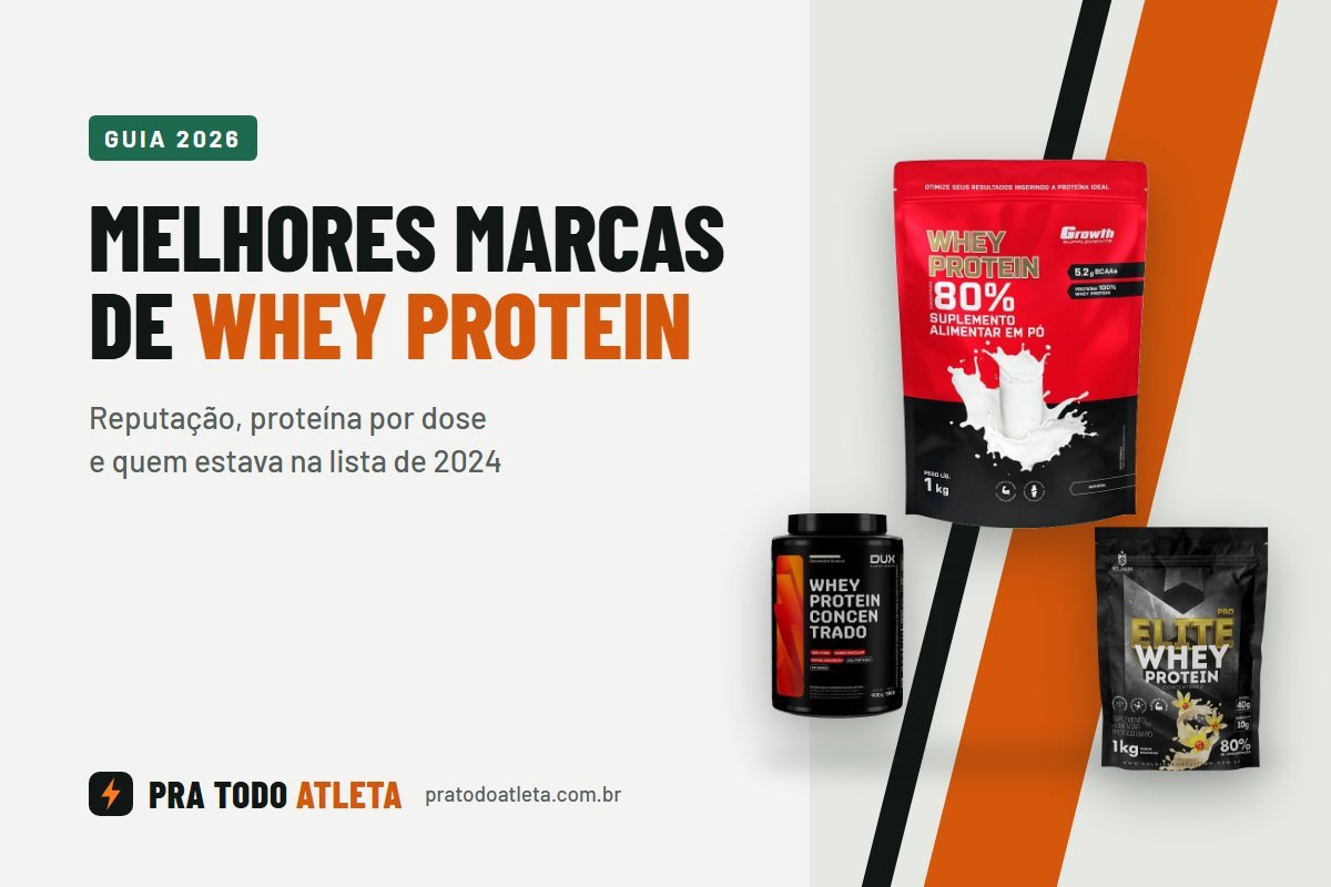 Capa do guia Melhores marcas de whey protein, com os potes da Growth, Dux e Soldiers Nutrition