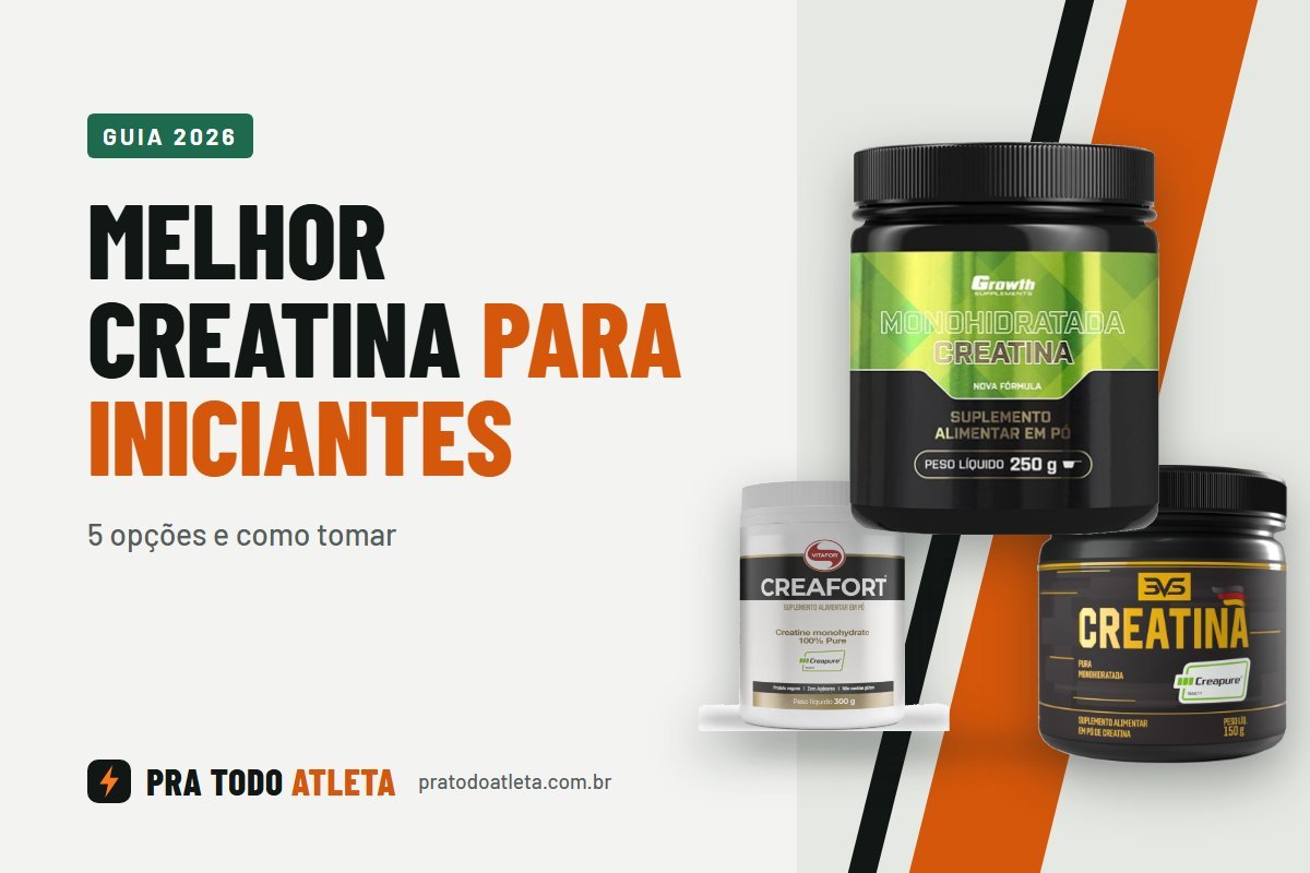 Capa do guia de melhor creatina para iniciantes, com os potes da Growth, Creafort e 3VS