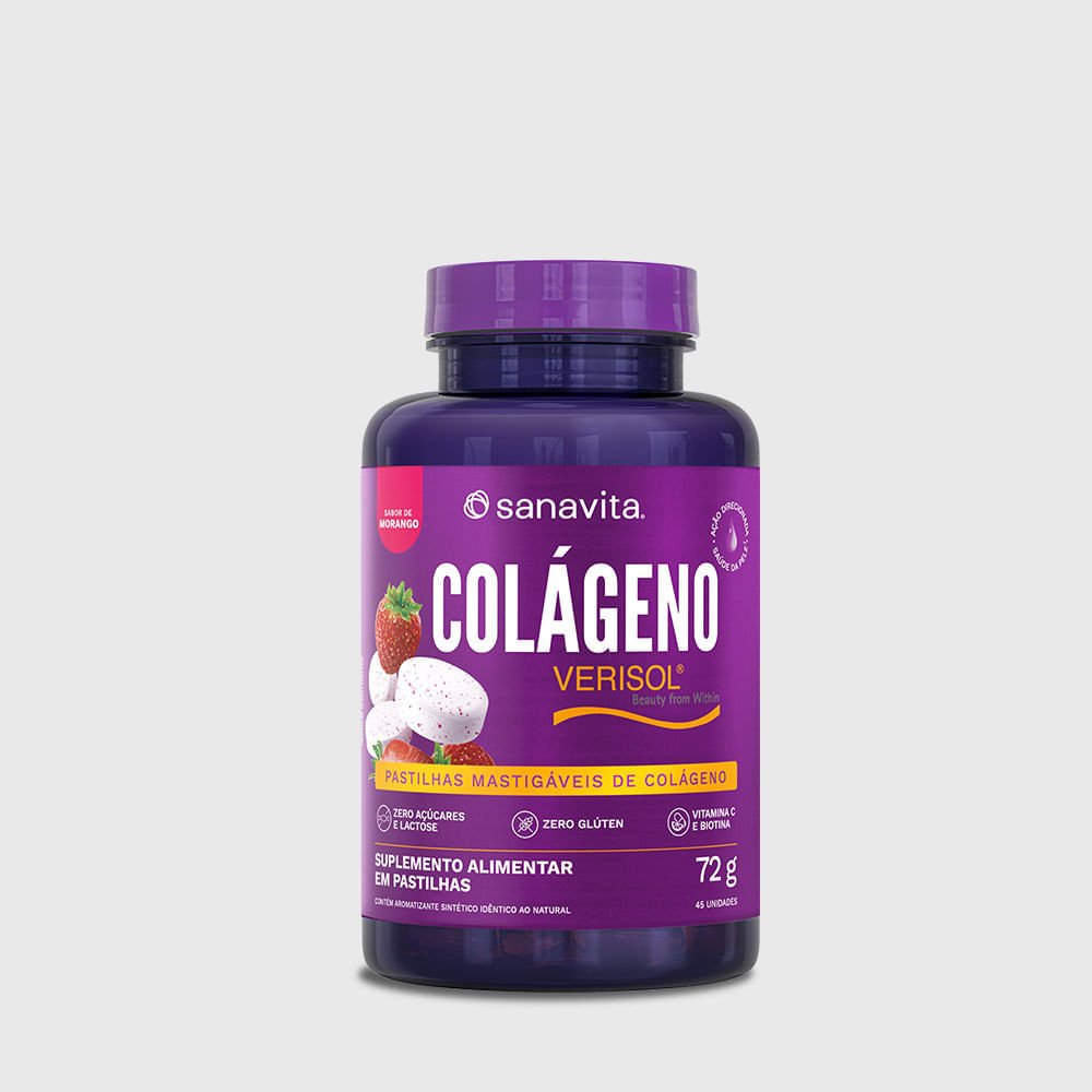 Colágeno Verisol em pastilhas mastigáveis da Sanavita, sabor morango, pote de 72 g