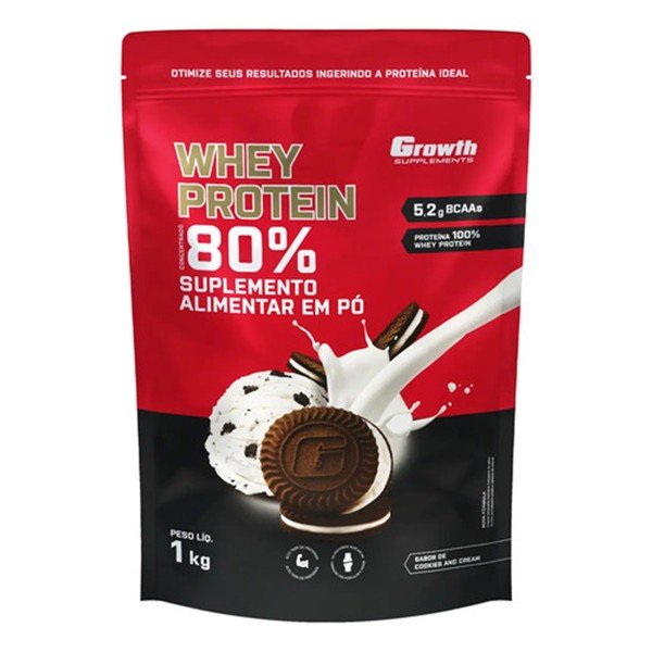 Pacote de 1 kg do Whey Protein Concentrado Growth sabor Cookies and Cream